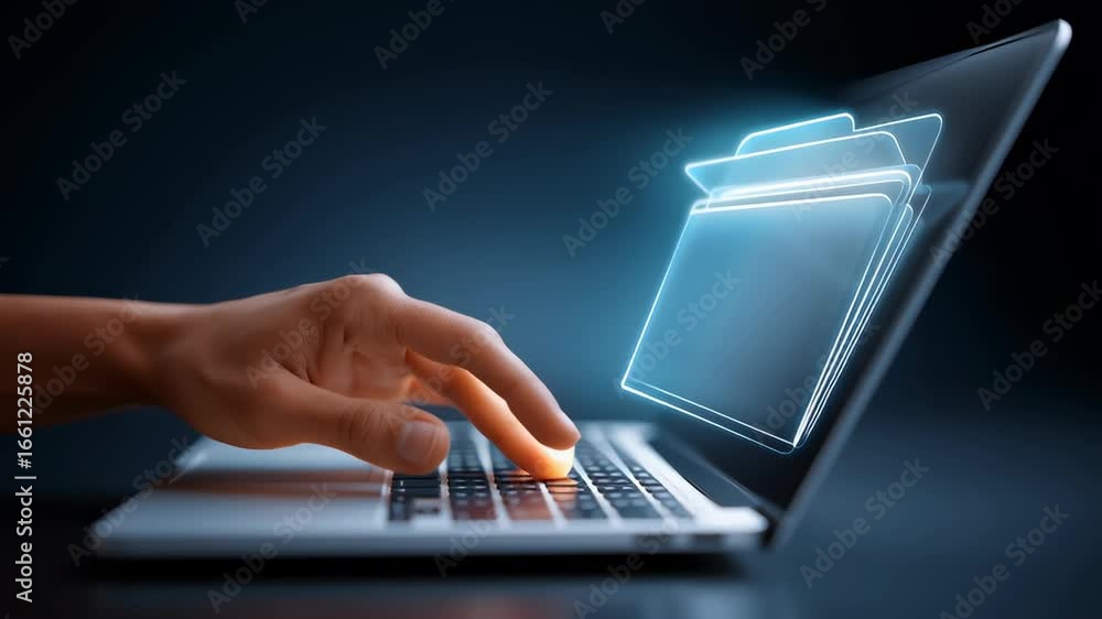 Poster hand interacts with laptop keyboard while exploring digital files. modern tech environment with dark