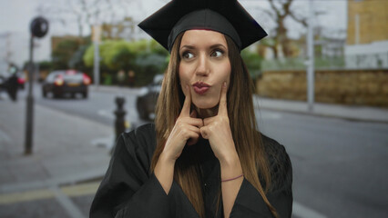 Woman wearing black graduation gown and mortarboard points finger to busy city street; thinking...
