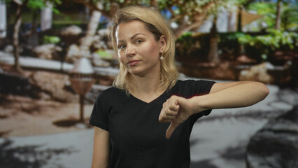 Young blonde woman in black t shirt raising her left arm to give a thumbs down gesture on a sunlit...