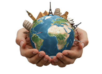 Hands holding a globe with famous landmarks and buildings isolated on transparent background