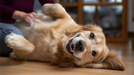 Obraz premium Happy Retriever Enjoys Belly Rubs with Vet in Relaxed Position