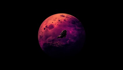 Fototapeta premium An astronaut floating in front of the planet Mars, with dark purple and red tones, high contrast, and a black background