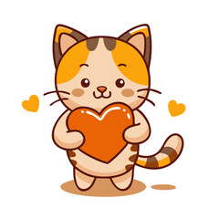 Fototapeta premium Colored vector icon of a cartoon cat holding a heart, symbolizing love, affection, and Valentine’s Day. Isolated on a transparent background