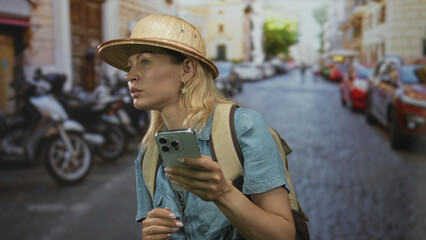 Woman holds smartphone on bustling cobblestone street with parked scooters and cars and pith helmet...