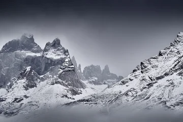 Winter fog twilight lanscape from Patagonia moutains with snow. Lago Nordenskjold, Torres del Paine National Park, Chile. Pink blue evening sky. Traveling in Chile,  hills in Torres del Paine NP. © ondrejprosicky