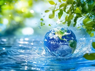 A blue planet earth encircled by pure water droplets and green energy elements embodies the environmental conservation concept
