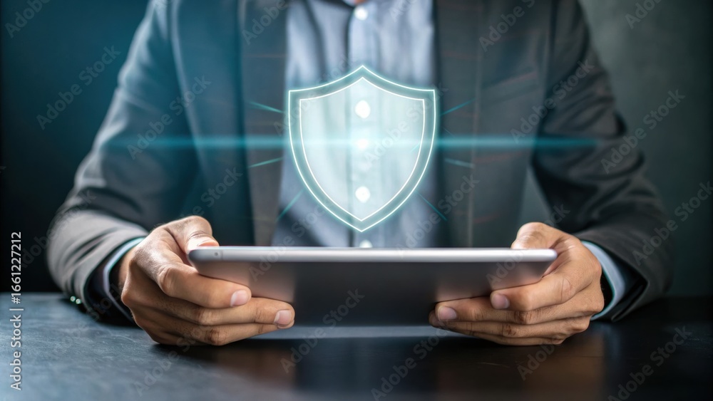 Aufkleber a person in a suit holds a tablet displaying a digital shield symbolizing cybersecurity.