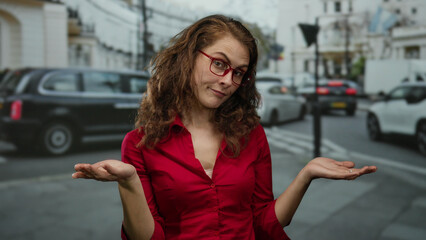 Woman with red hair and glasses wearing a red shirt stands on a busy city street in london, holding...