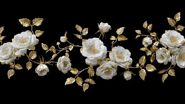 Elegant arrangement white roses with gilded leaves on a solid black background