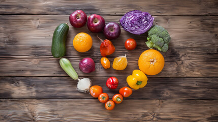 A vibrant heart-shaped display of fresh produce on a weathered wooden table, celebrating natural abundance.