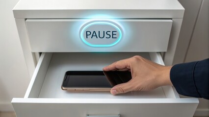 A hand placing a smartphone in a drawer with a glowing "PAUSE" sign, suggesting a break from technology.
