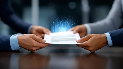 Hands exchanging paper report featuring digital data visualization. Office setting with modern decor. Concept of business collaboration, teamwork, digital transformation