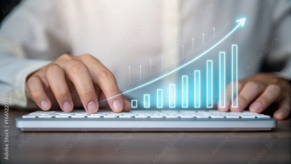 Aufkleber hands typing on a keyboard with a graphical growth chart overlaying the image.