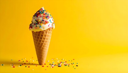 "Rainbow Ice Cream Cone on Yellow Copy Space"