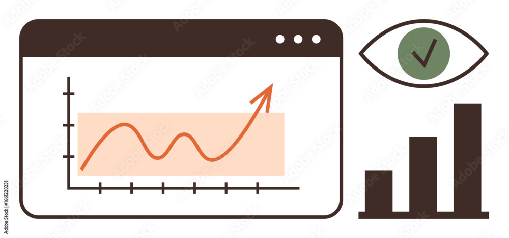 Poster screen displaying rising line graph with bar chart and eye icon with checkmark for data analysis, pe