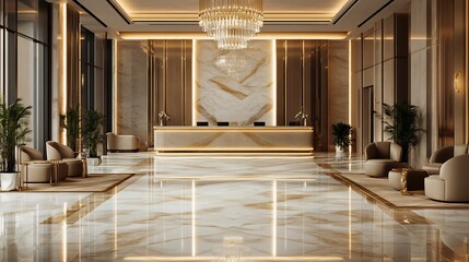 Luxurious hotel lobby with a grand chandelier marble floors elegant seating areas with plush armchairs and a stylish reception desk creating an opulent welcoming atmosphere