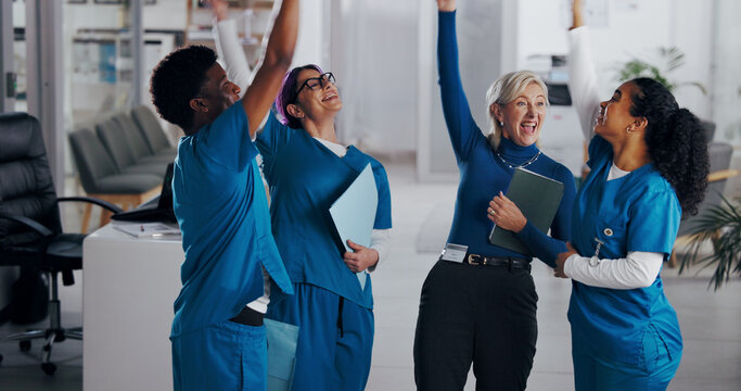 Team, celebration and medical people in hospital for success, healthcare mission and happiness. Health, medicine and group of nurses with director for professional community, cheers and collaboration