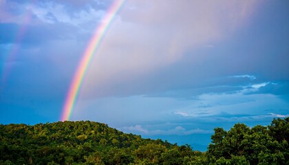 Vibrant Rainbow Over Rolling Hills, Serene Landscape, Atmospheric View