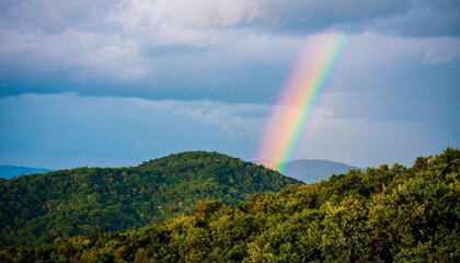 Nature Landscape, Rainbow Over Hills, Scenic View, Vibrant Sky, Peaceful Environment
