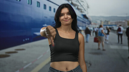 Young woman shows a raised thumb up in front of a large docked boat on a street by the water at a...