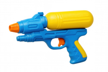 Plastic water gun with yellow tank and blue handle, isolated on transparent background, perfect for summer fun