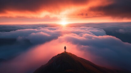 Person atop mountain at sunrise
