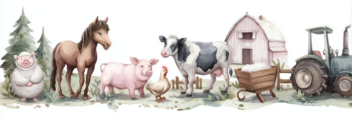 Vector illustration. Watercolor Farm Animals elements with cute cow, horse, pig, chicken, house, tractor. 