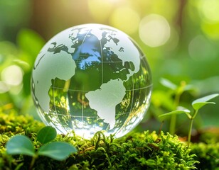 自然と共生するガラスの地球 環境保護やエコを象徴する森の中の地球