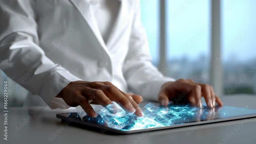 Poster hands are interacting with virtual interface on touchscreen in modern corporate setting. bright open