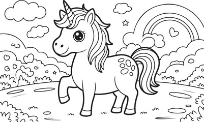 Magical Unicorn with Rainbow and Clouds, Ideal for Children's Coloring Pages