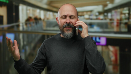 Man talking on a phone appearing frustrated in an indoor mall with blurred background, beard, bald, and casual attire conveying a sense of urgency and business.
