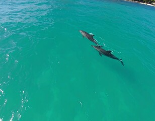Two dolphins swimming in turquoise water