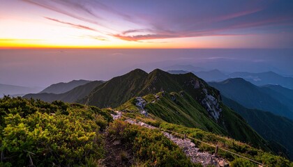 Breathtaking Sunset Hike, Mountain Landscape, Serene Environment, Nature Photography