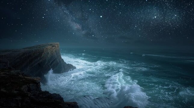 a dramatic seaside cliff overlooking the ocean at night, waves crashing below, the starry sky glowing above, cinematic ultra realism