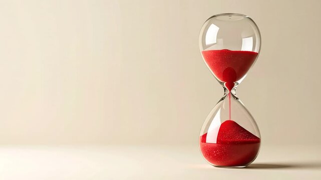 Hourglass with Red Sand on Beige Background Emphasizing Time Passing in Classic and Modern Style