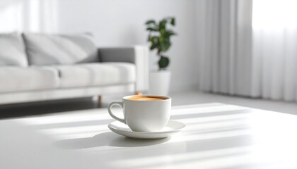 Coffee cup on white table in modern living room