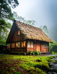 Fototapeta premium Rustic wooden cabin in a misty forest