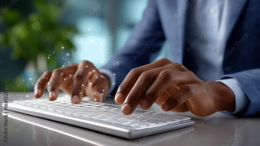 Poster hands actively typing on a keyboard in a modern office setting. bright and inspiring atmosphere with