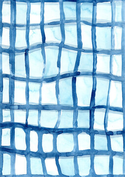 Abstract blue watercolor background with wavy rectangular tile pattern