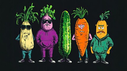 a funny crew of anthropomorphic vegetables: a confident pickle in tracksuit, 