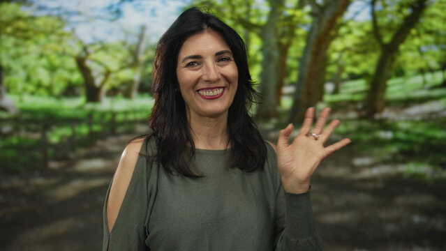 Middle aged woman wearing green top waves bare hand in sunlit forest while smiling warmly; warm friendly greeting.