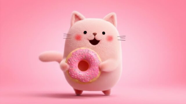Fluffy pink cat-like figure holding a pink donut on a pink background - Powered by Adobe