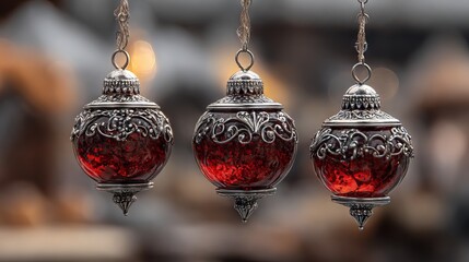Hanging red glass baubles with intricate metal filigree — elegant handcrafted ornaments suspended in midair, rich ruby glow, delicate reflections and soft bokeh, festive holiday décor background