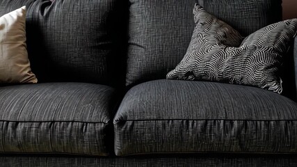 Modern black fabric sofa with textured cushions in a cozy interior setting featuring neutral tones and natural lighting - Powered by Adobe