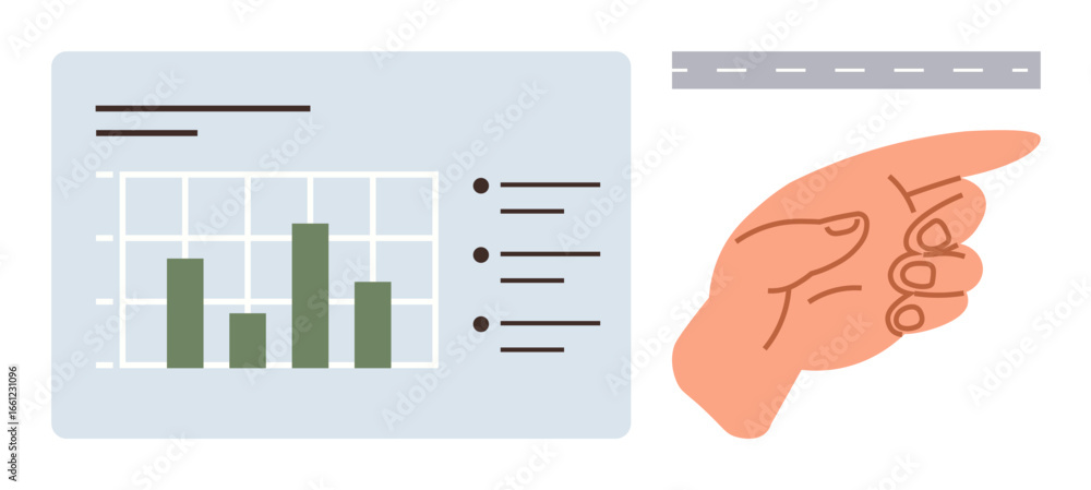 Aufkleber hand gesture pointing to bar graph and list, suggesting focus on data-driven decisions, navigation, 