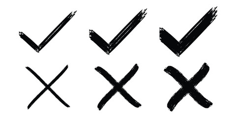Vector set of check marks and cross marks in hand drawn brush style. Check tick mark icon set. Cross box x check mark checkbox v list vector draw hand drawn sketch doodle brush. eps 10 © Hike Studio 444