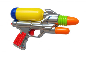 Colorful water gun sitting against transparent surface, representing summer entertainment, playfulness, and childhood recreation