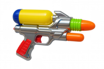 Colorful water gun sitting against transparent surface, representing summer entertainment, playfulness, and childhood recreation