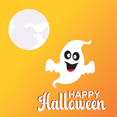 Happy Halloween banner with cute ghosts and spider.  Halloween greeting card design with colorful cartoon ghosts, hanging spider, dark spooky background, and Happy Halloween festive text.
