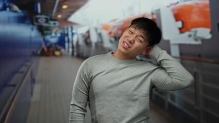 Young man with a puzzled expression stands on a cruise boat, surrounded by outdoor seaside scenery,...